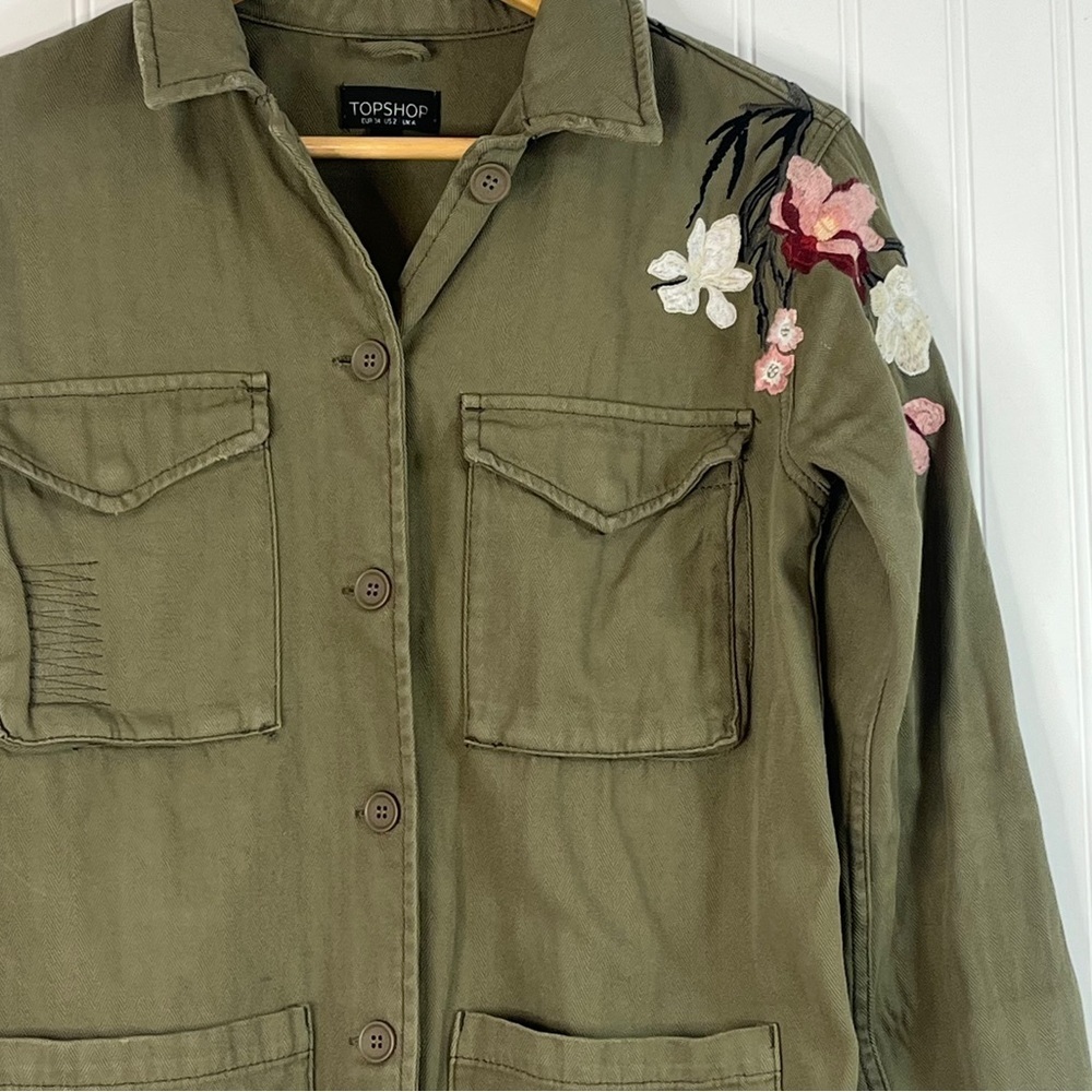 Top shop Olive Green Herringbone Military Jacket with Floral Embroidery size 2 - Picture 10 of 11